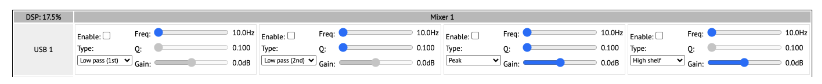 Mixer 1のInput EQ。4つのフィルターバンドとDSP使用率を表示