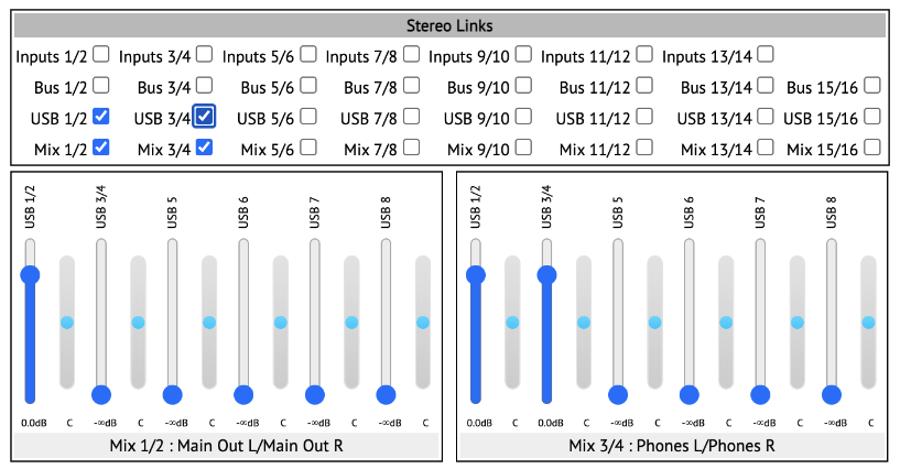 USB 1／2、3／4とMix 1／2、3／4をStereo LinkしたMacro Mix